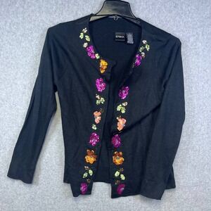 Erika Cardigan Sweater Women's‎ Small Black Floral Sequin Open Long Sleeve Blend
